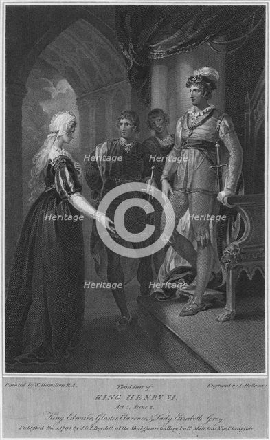 'Third Part of King Henry VI. Act 3. Scene 2. King Edward, Gloucester, Clarence & Lady Elizabeth Gre Artist: Thomas Holloway.