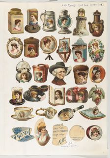 Thirty-one cut-outs from advertising banner for Allen & Ginter Cigarettes, ca. 1888. Creator: Unknown