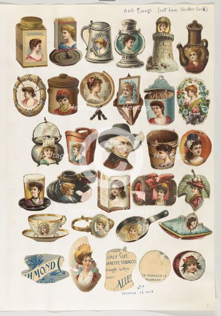 Thirty-one cut-outs from advertising banner for Allen & Ginter Cigarettes, ca. 1888. Creator: Unknown.