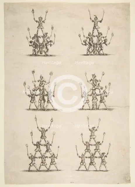 Thirty-six Acrobats in Six Groups, 1652. Creator: Stefano della Bella.