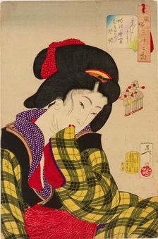 Thirty-Two Aspects of Women: Looking Shy - Habits of a young woman of the Meiji era, 1888. Creator: Tsukioka Yoshitoshi