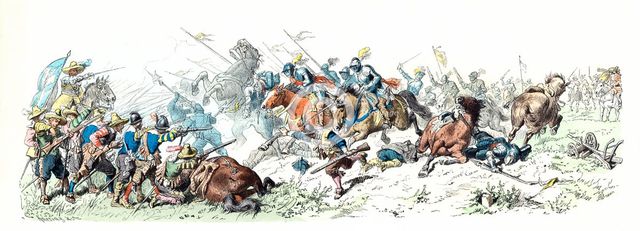 Thirty Years War. Attack of the German Imperial Lancers on the Swedish infantry. 17th century. Ge…