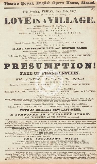 This evening, Friday, July 20th, 1827, will be presented (first time this season)..., c1827. Creator: Theatre Royal.
