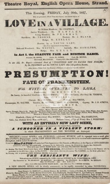 This evening, Friday, July 20th, 1827, will be presented (first time this season)..., c1827. Creator: Theatre Royal.