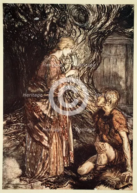 'This healing and honeyed draught of Mead deign to accept from me', 1910.  Creator: Arthur Rackham.