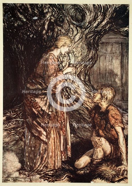 'This healing and honeyed draught of Mead deign to accept from me', 1910.  Artist: Arthur Rackham
