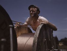 This husky member of a construction crew building a new 33,000-volt electric..., Ft. Knox, Ky., 1942 Creator: Alfred T Palmer