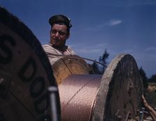 This husky member of a construction crew building a new 33,000-volt..., Fort Knox, Ky., 1942. Creator: Alfred T Palmer