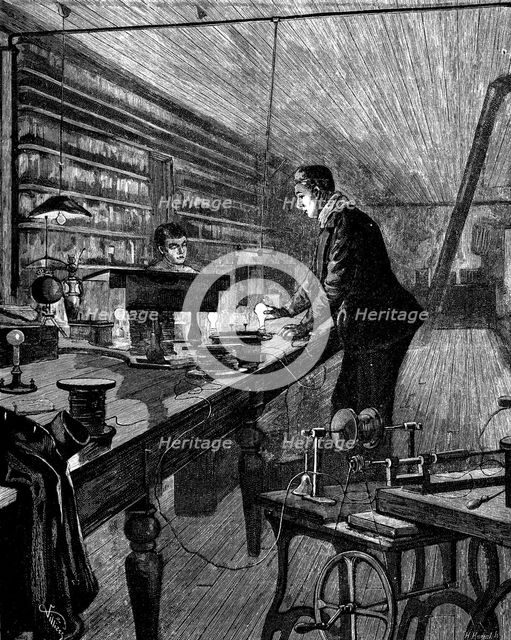 Thomas Alva Edison (Milan, Ohio, 1847-West Orange, New Jersey, 1931) in his lab, inventor of the …