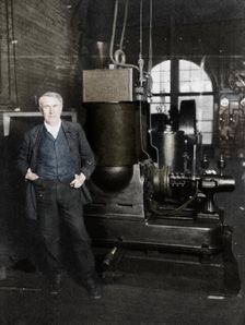 Thomas Alva Edison, American inventor, with his first dynamo for producing electric light, 1880s