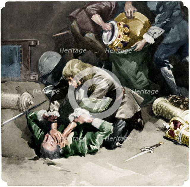 Thomas Blood attempting to steal the Crown Jewels from the Tower of London in 1671, (1937). Artist: Unknown.
