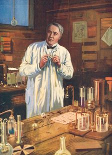 Thomas Edison, American inventor, in his laboratory, Menlo Park, New Jersey, USA, 1870s (1920s). Creator: Unknown