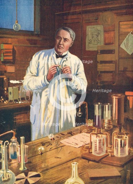 Thomas Edison, American inventor, in his laboratory, Menlo Park, New Jersey, USA, 1870s (1920s). Creator: Unknown.