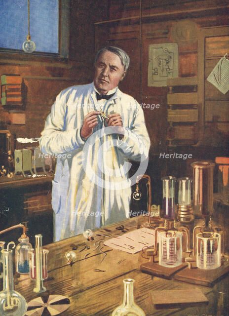 Thomas Edison, American inventor, in his laboratory, Menlo Park, New Jersey, USA, 1870s (1920s). Artist: Unknown