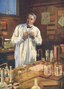Thomas Edison, American inventor, in his laboratory, Menlo Park, New Jersey, USA, 1870s (1920s)