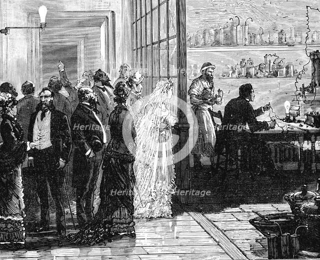 Thomas Edison experimenting with electric lamps on his wedding day, 1871 (1883). Artist: Unknown