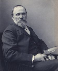 Thomas Hovenden, artist, seated, holding a photograph(?), facing front, half-length portrait, c1895. Creator: Clayton Stone Harris