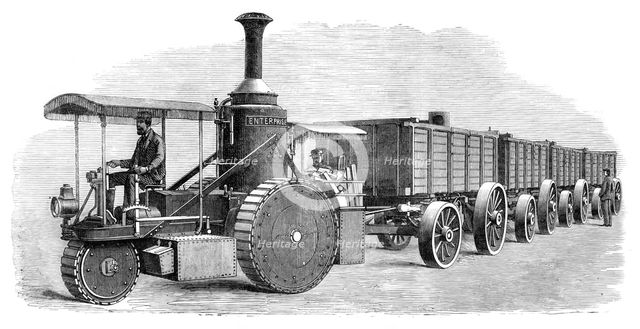 Thomson's road-steamer and coal-waggons, 1870. Creator: Unknown.