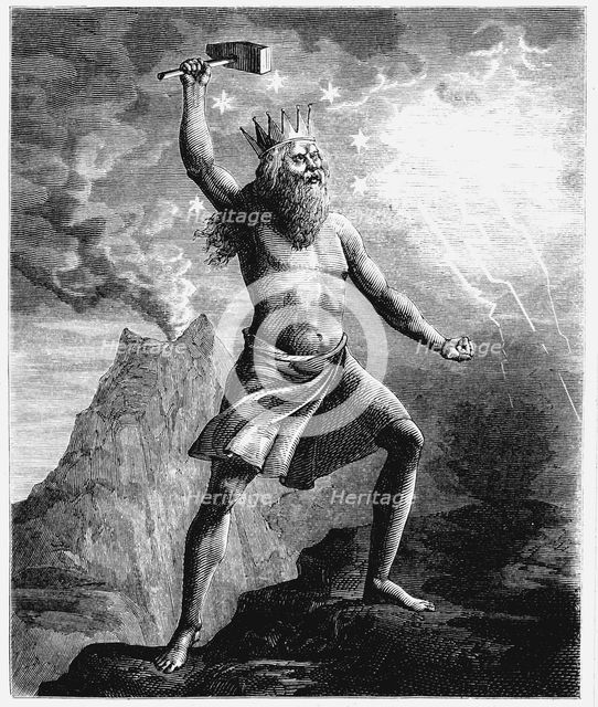Thor, god of thunder in the Scandinavian pantheon, wielding his hammer, 1874. Artist: Unknown