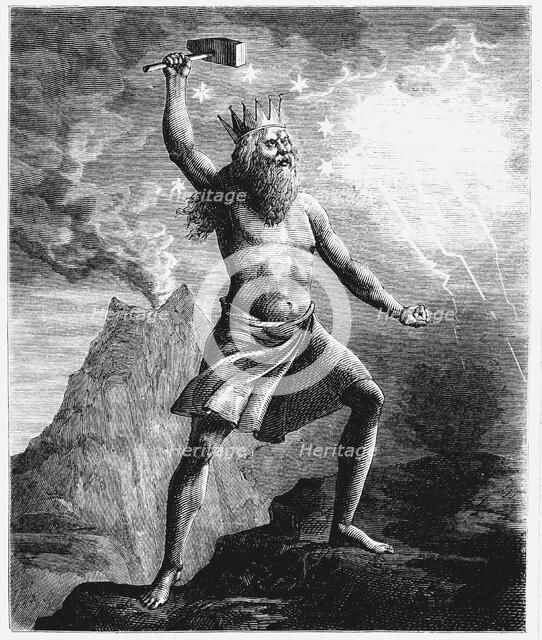 Thor, god of thunder in the Scandinavian pantheon, wielding his hammer, 1874. Artist: Unknown
