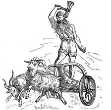 Thor riding in chariot drawn by goats and wielding his hammer