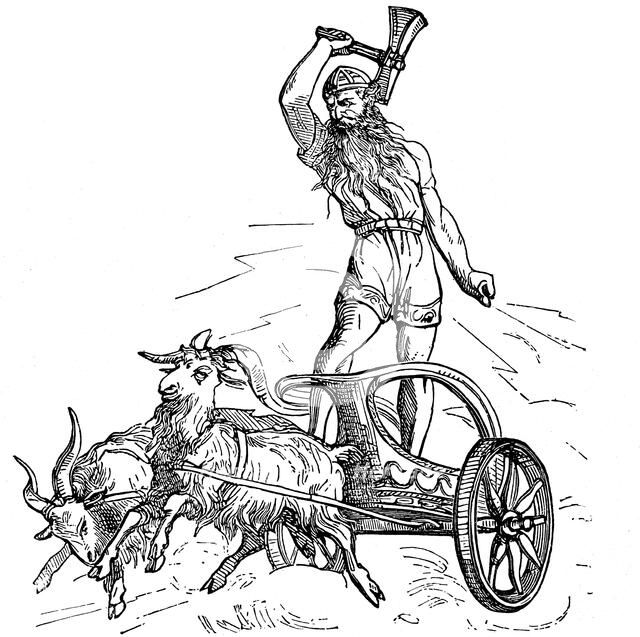 Thor riding in chariot drawn by goats and wielding his hammer. Artist: Unknown