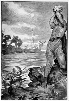 Thorbion lifted the huge stone 1910. Creator: John Henry Frederick Bacon