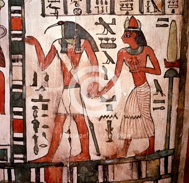 Thoth, Ibis-headed god leads the deceased to the Underworld, Mummy-case of Pensenhor, c900BC. Artist: Unknown.