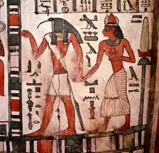 Thoth, Ibis-headed god leads the deceased to the Underworld, Mummy-case of Pensenhor, c900BC