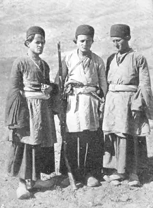 Threateners of Teheran: men who may capture the Shah - three young Bakhtiaris, 1909. Creator: Unknown