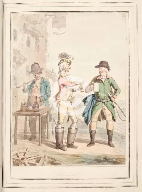 Three Couriers, leaf from 'A Collection of Dresses by David Allan Mostly from Nature', 1776. Creator: David Allan.