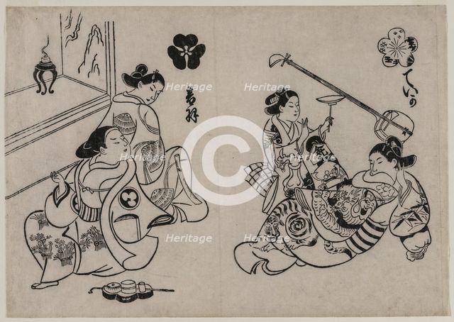 Three Courtesans with a Client. Creator: Okumura Masanobu (Japanese, 1686-1764).