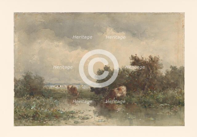 Three cows in a pond, 1832-1897. Creator: Willem Roelofs.