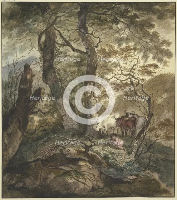 Three cows stand with a shepherd boy under a group of trees, 17th century; 18th century. Creator: Adam Pynacker.