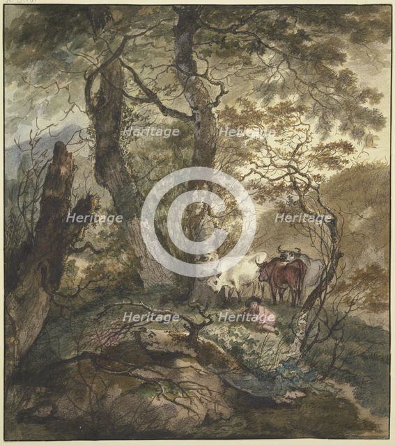 Three cows stand with a shepherd boy under a group of trees, 17th century; 18th century. Creator: Adam Pynacker.
