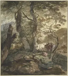 Three cows stand with a shepherd boy under a group of trees, 17th century; 18th century. Creator: Adam Pynacker