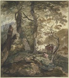 Three cows stand with a shepherd boy under a group of trees, 17th century; 18th century. Creator: Adam Pynacker