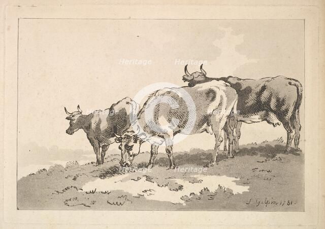 Three Cows Standing on the Ridge of a Field, 1784-87. Creator: Thomas Rowlandson.
