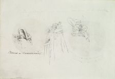 Three Costume Sketches of a Bonnet, a Cloak, and a Hat, ca. 1785-90. Creator: Anon