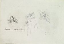Three Costume Sketches of a Bonnet, a Cloak, and a Hat, ca. 1785-90. Creator: Anon