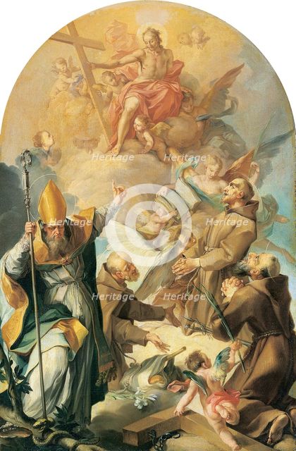 Three Capuchin Saints and a Bishop Worshipping Christ and the Cross, 1630. Creator: Giovanni Lanfranco?.