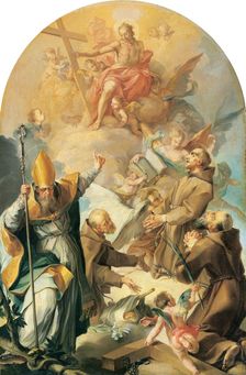 Three Capuchin Saints and a Bishop Worshipping Christ and the Cross, 1630. Creator: Giovanni Lanfranco?