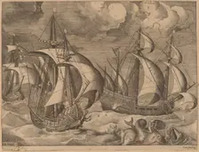 Three Caravels in a Rising Squall with Arion on a Dolphin, 1565. Creator: Frans Huys