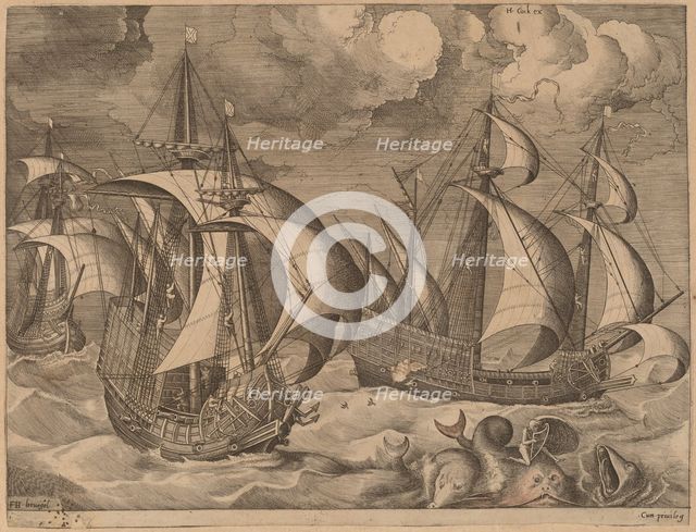 Three Caravels in a Rising Squall with Arion on a Dolphin, 1565. Creator: Frans Huys.