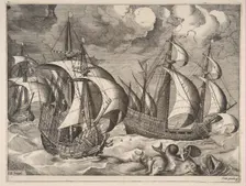 Three Caravels in a Rising Squall with Arion on a Dolphin from The Sailing Vessels, 1561-65. Creator: Frans Huys