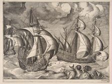 Three Caravels in a Rising Squall with Arion on a Dolphin from The Sailing Vessels, 1561-65. Creator: Frans Huys