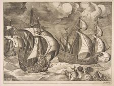 Three Caravels in a Rising Squall with Arion on a Dolphin from The Sailing Vessels, 1561-65. Creator: Frans Huys