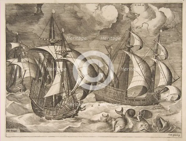 Three Caravels in a Rising Squall with Arion on a Dolphin from The Sailing Vessels, 1561-65. Creator: Frans Huys.