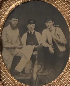 [Three Carpenters, Standing, Holding a Ruler, Hammer, and Sheet of Paper], 1850s-60s. Creator: Unknown