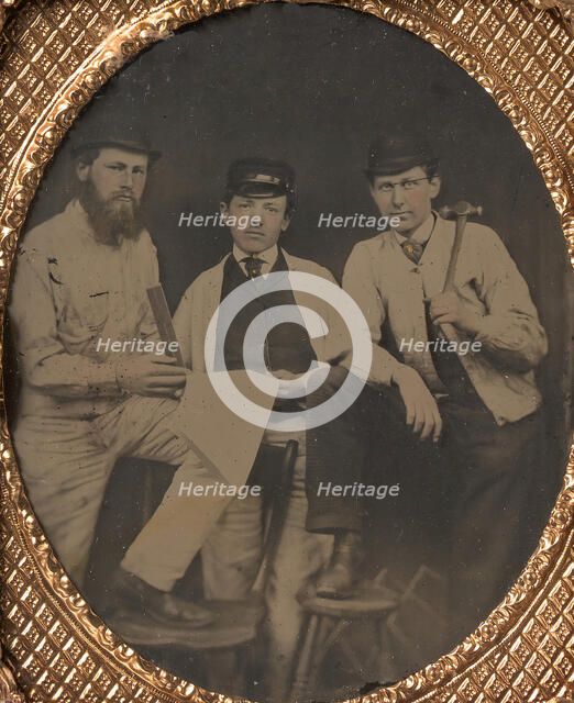 [Three Carpenters, Standing, Holding a Ruler, Hammer, and Sheet of Paper], 1850s-60s. Creator: Unknown.